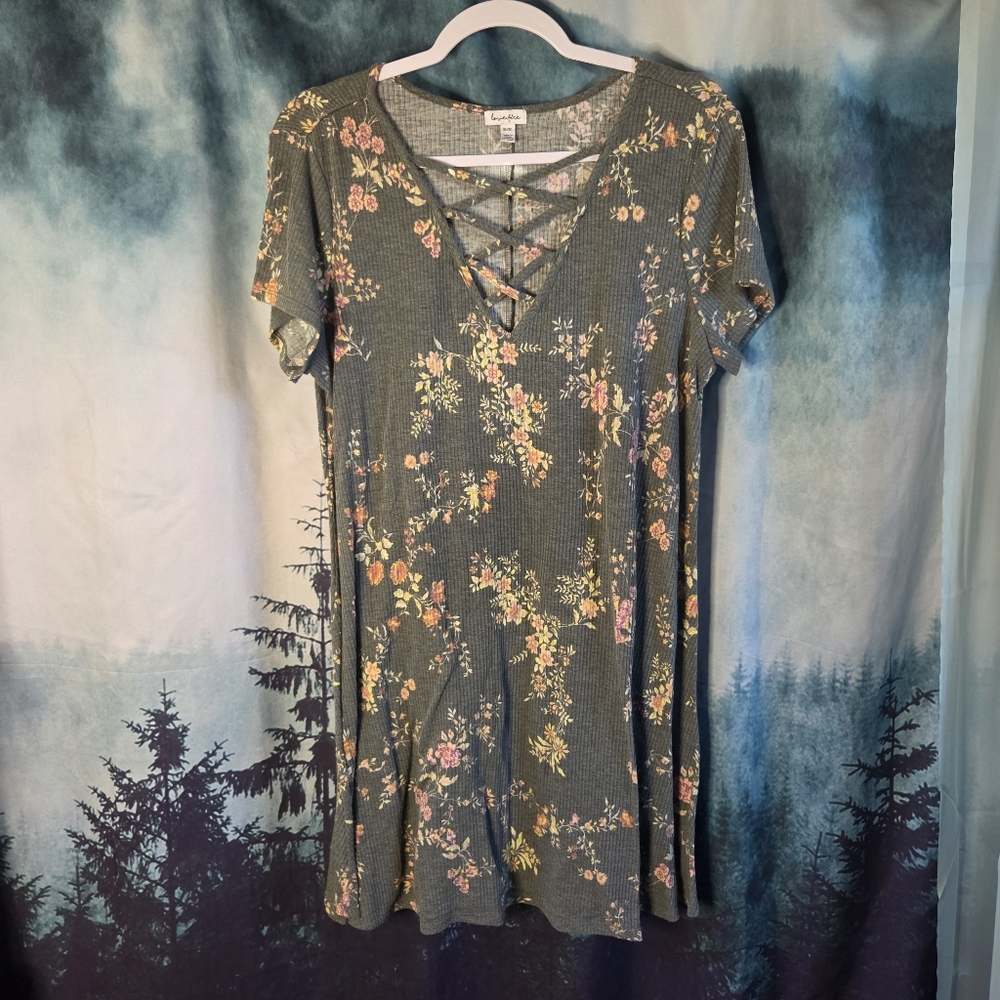 Love Fire Green Ribbed Long-Sleeved Floral Dress